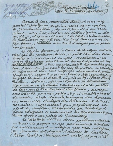 Réponse à l'enquête sur le ministère des Lettres