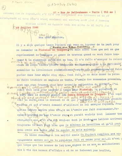 Lettres tapuscrites de Jacques Dyssord à Maurice Verne