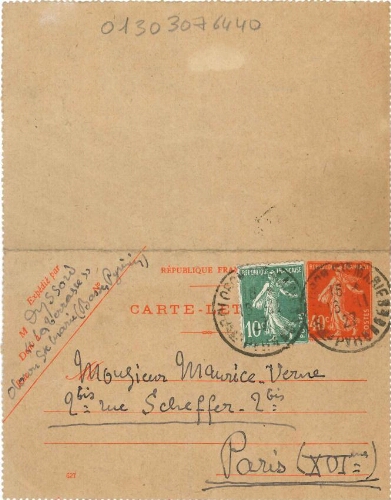 Carte-lettre à Maurice Verne