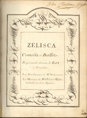 Page de titre de la comédie ballet "Zélisca"
